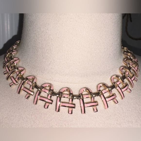 Coro Jewelry - Vintage 1950s Coro Pink Enamel Gold Tone Basket Weave Necklace 16” adjustable